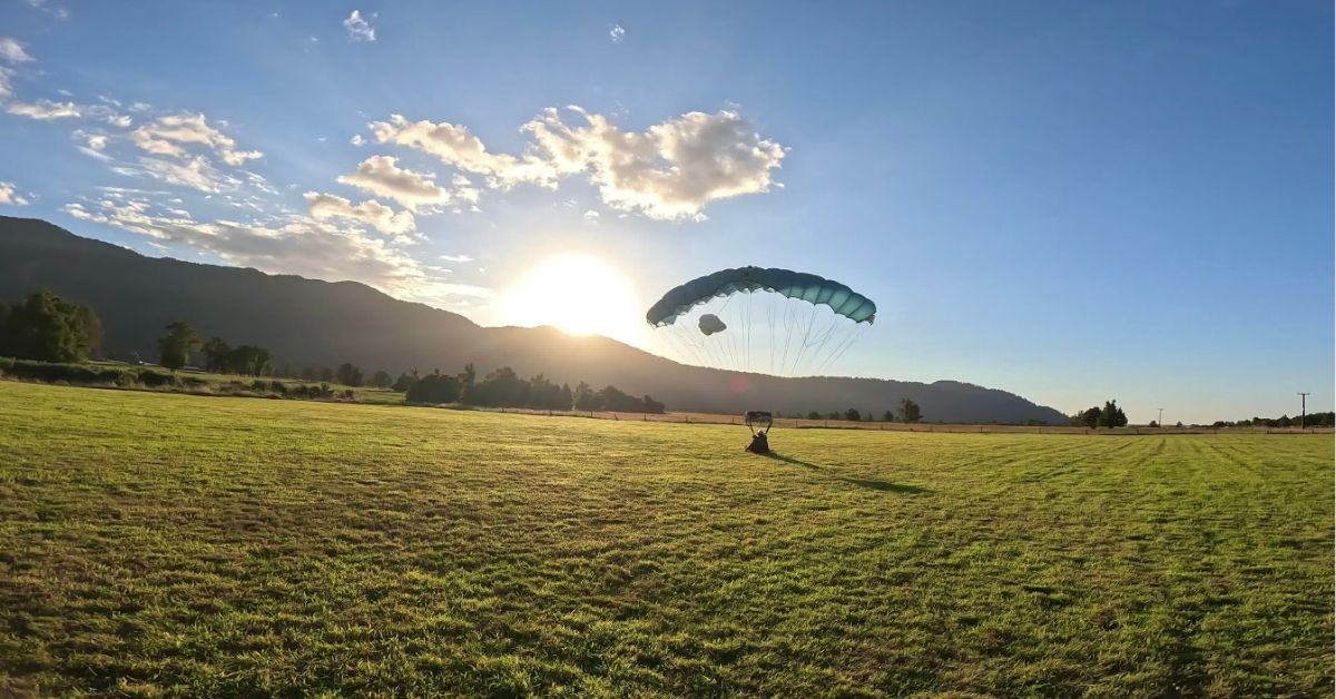 a large green field with a mountain in the background