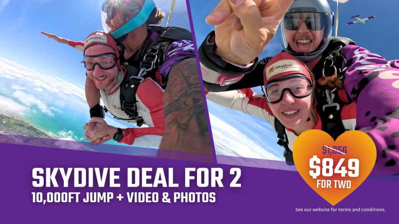 Two people skydiving with a 'Skydive Deal for 2' promo. Price: $849.