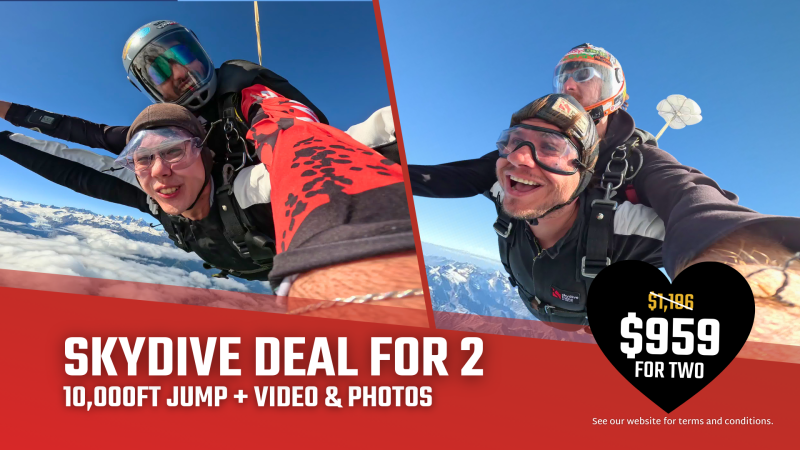 Skydiving offer for two with tandem photos, price $959, reduced from $1,186, in red and black design.