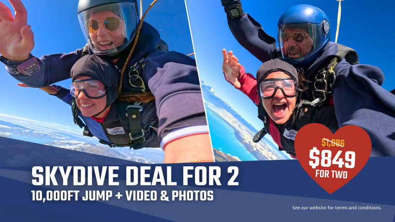 Two images of tandem skydiving with a discount offer: $849 for two, 10,000ft jump with video and photos.