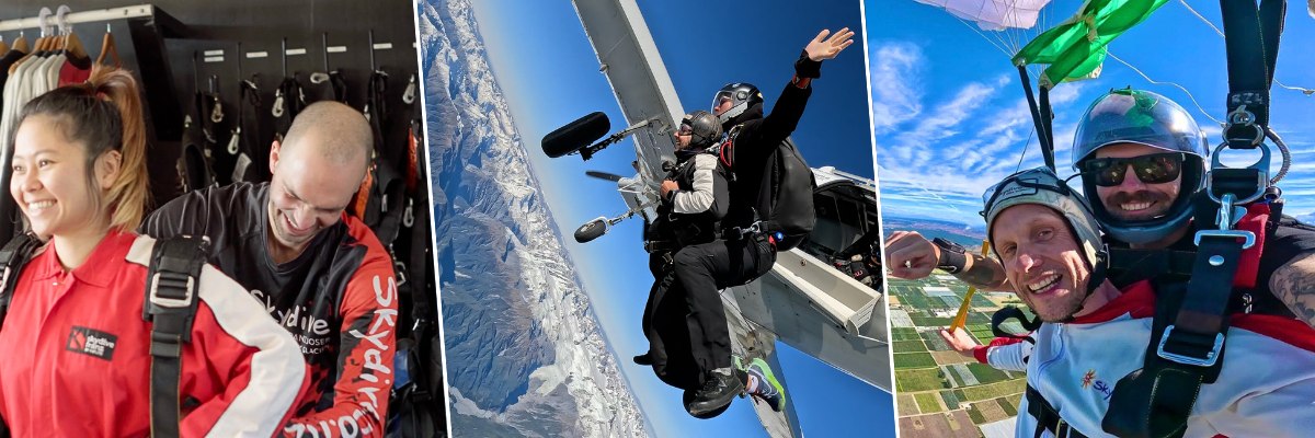 Three images: preparing for skydiving, jumping from plane, tandem skydive with landscape below.