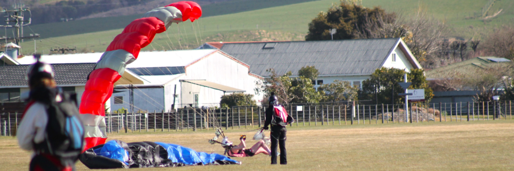 Parachutist landing on grassy field near buildings and trees.