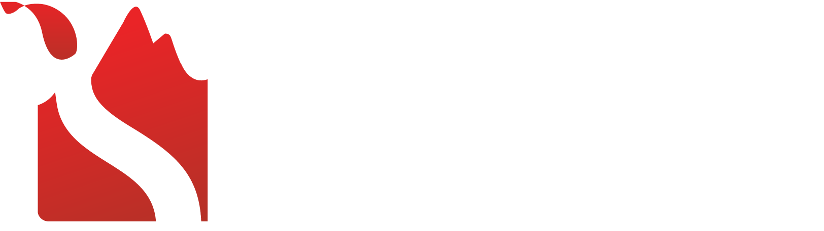 Red mountain logo with white path.